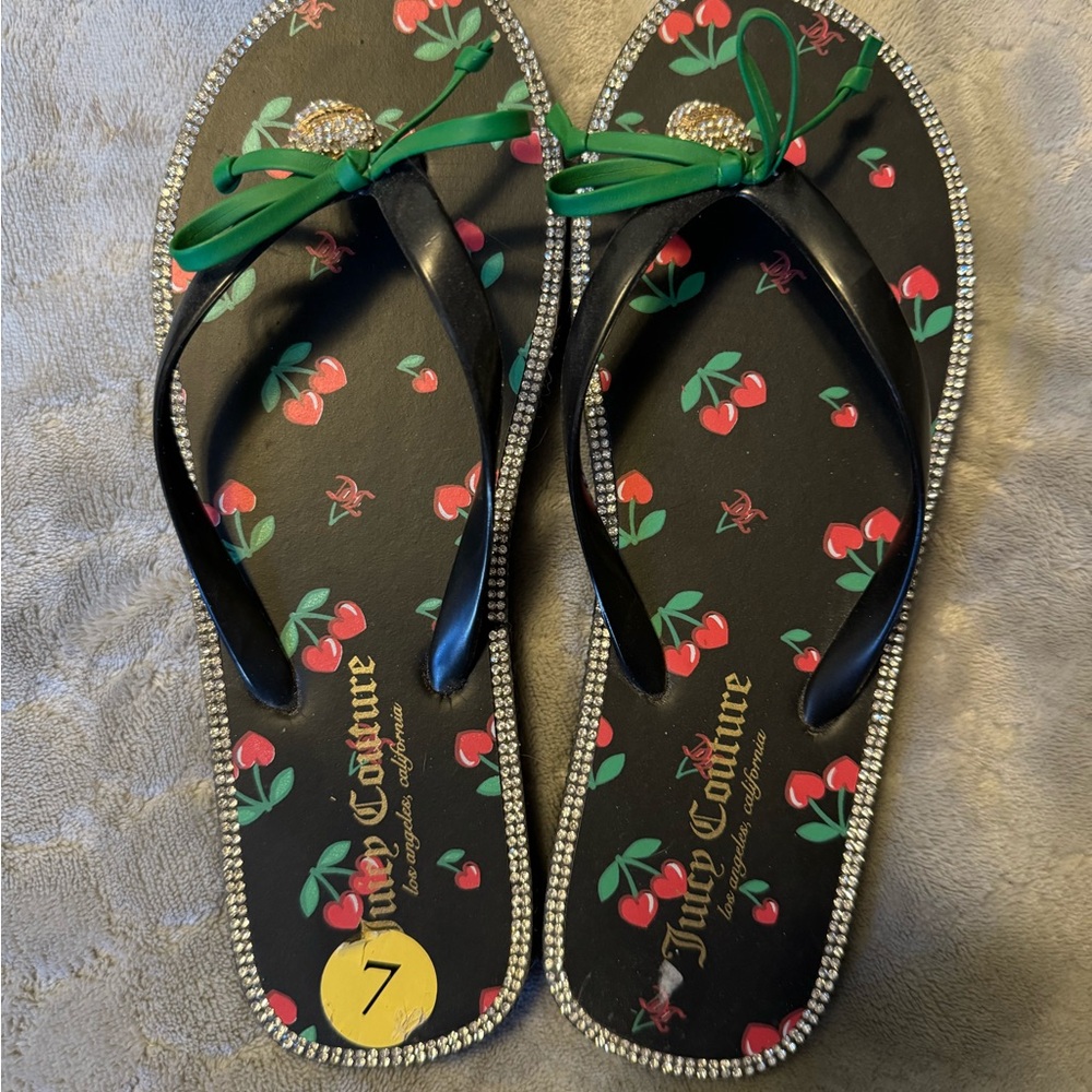 Juicy Couture Black and Green Sandals with Cherry Print